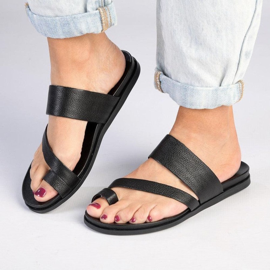 Slippers & Flats Tsonga | Tsonga Ningizimu Leather Toe Loop Sandals Black Cayak