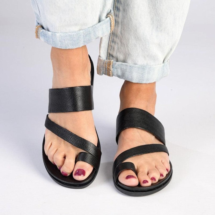 Slippers & Flats Tsonga | Tsonga Ningizimu Leather Toe Loop Sandals Black Cayak