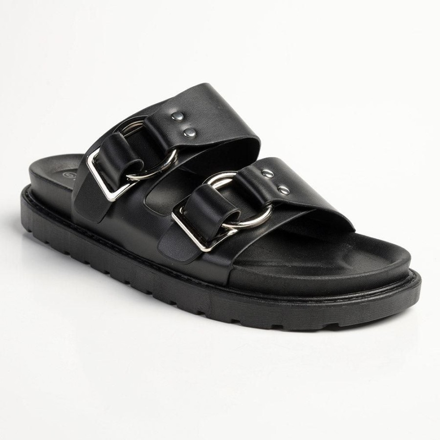 Slippers & Flats Madison Heart of New York | Madison Ayla Double Strap Sandals Black