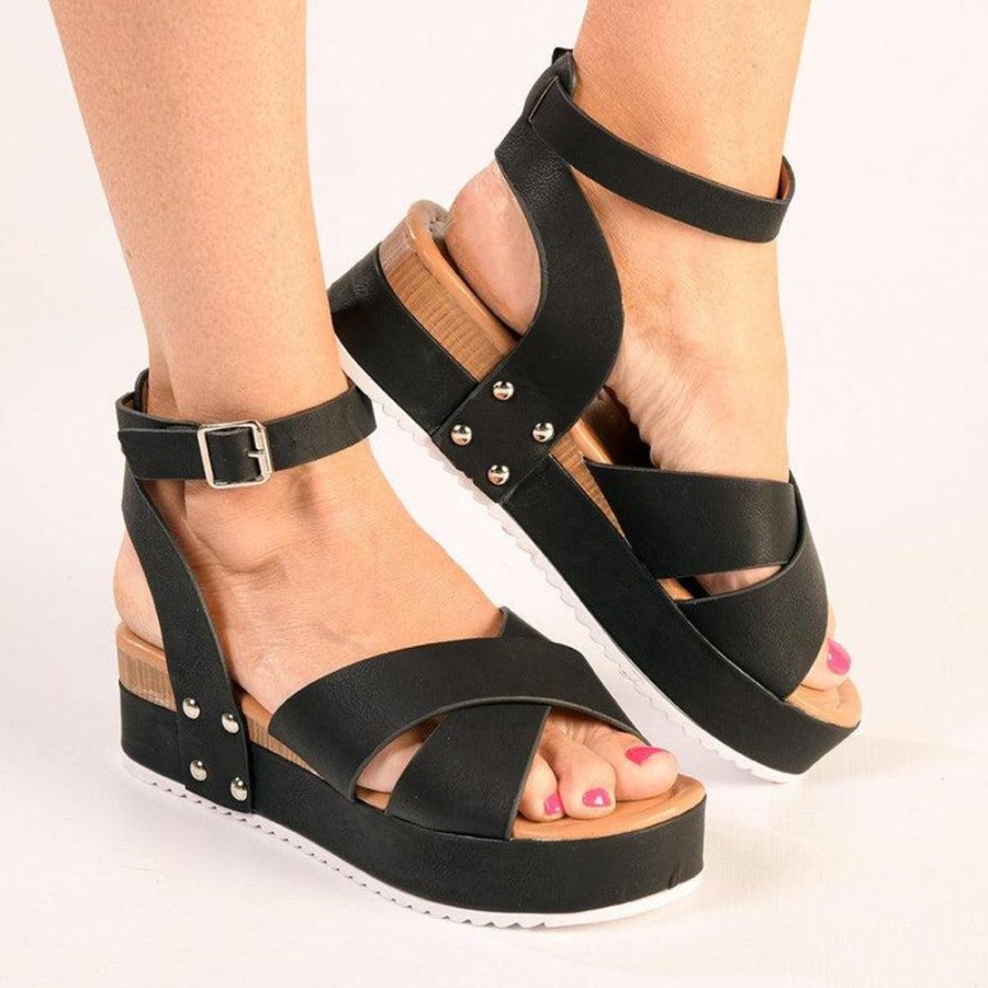 Wedges Madison Heart of New York | Madison Kali Cross Strap Wedge Sandal Black