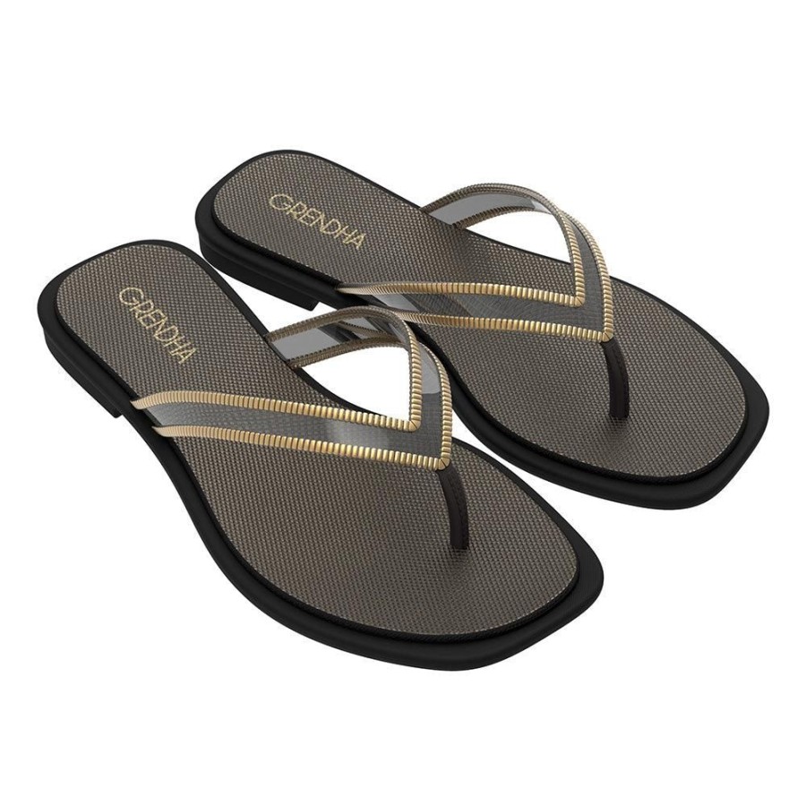 Slippers & Flats Grendha | Grendha Amina Thong Slip On Sandals Black/Gold