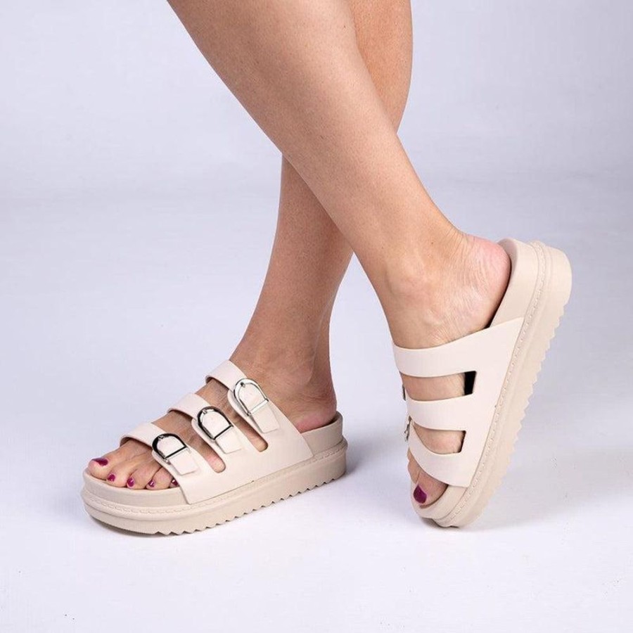 Slippers & Flats Madison Heart of New York | Madison Cora 3 Buckle Platform Sandals Beige Mono