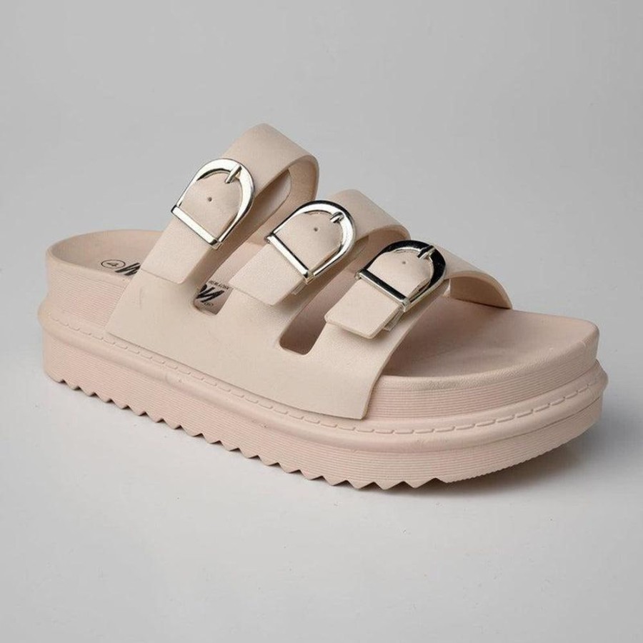 Slippers & Flats Madison Heart of New York | Madison Cora 3 Buckle Platform Sandals Beige Mono