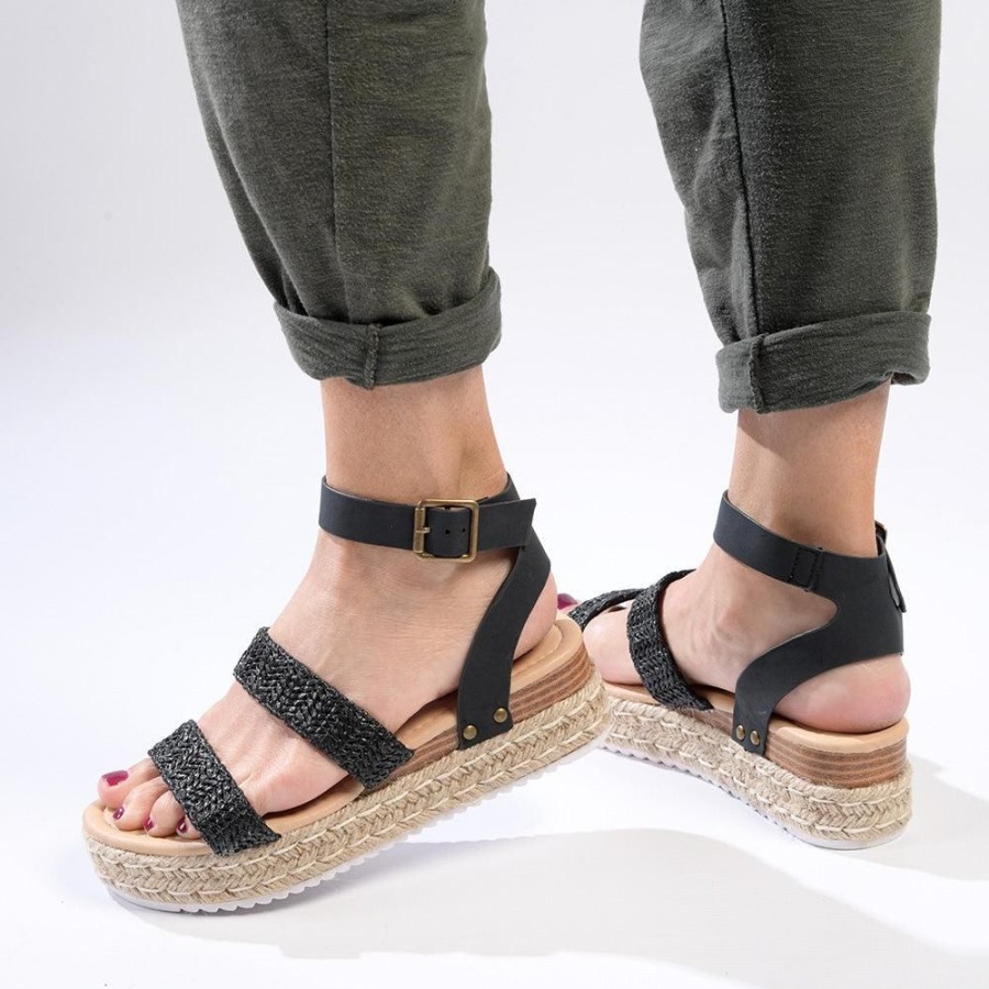 Wedges Madison Heart of New York | Madison Cassie Double Strap Espadrille Sandals Black