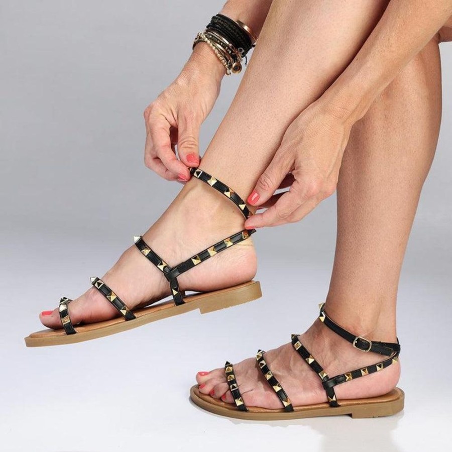 Sandals Madison Heart of New York | Madison Mariska Pyramid Studded Strappy Sandal Black