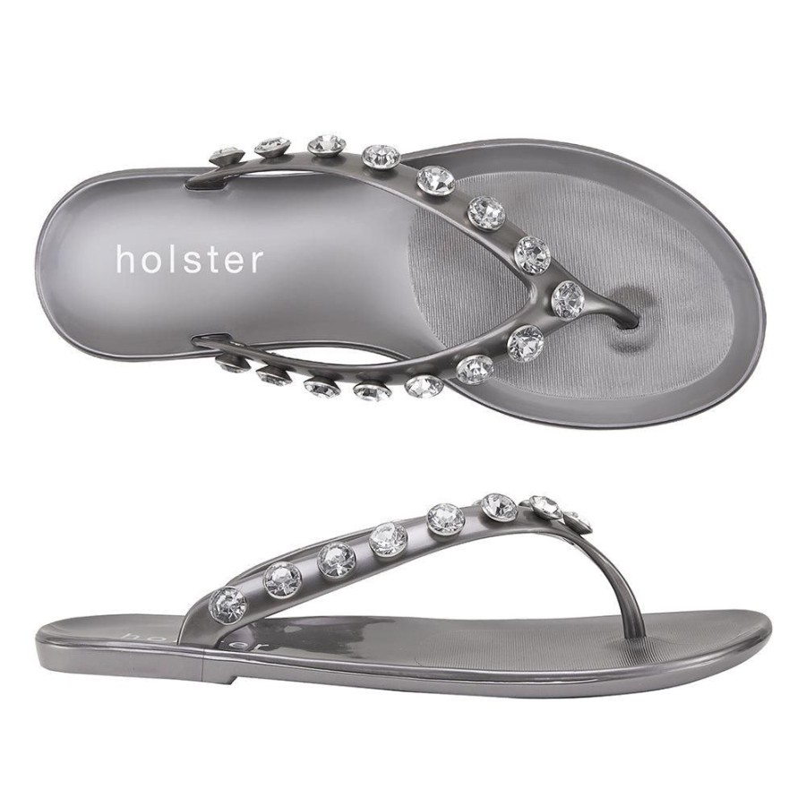 Slippers & Flats Holster | Holster Vacation Jewelled Toe Thong Pewter