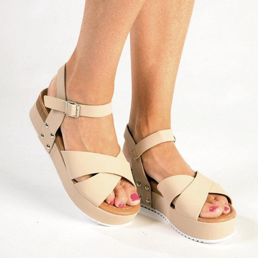 Wedges Madison Heart of New York | Madison Kali Cross Strap Sandal Beige