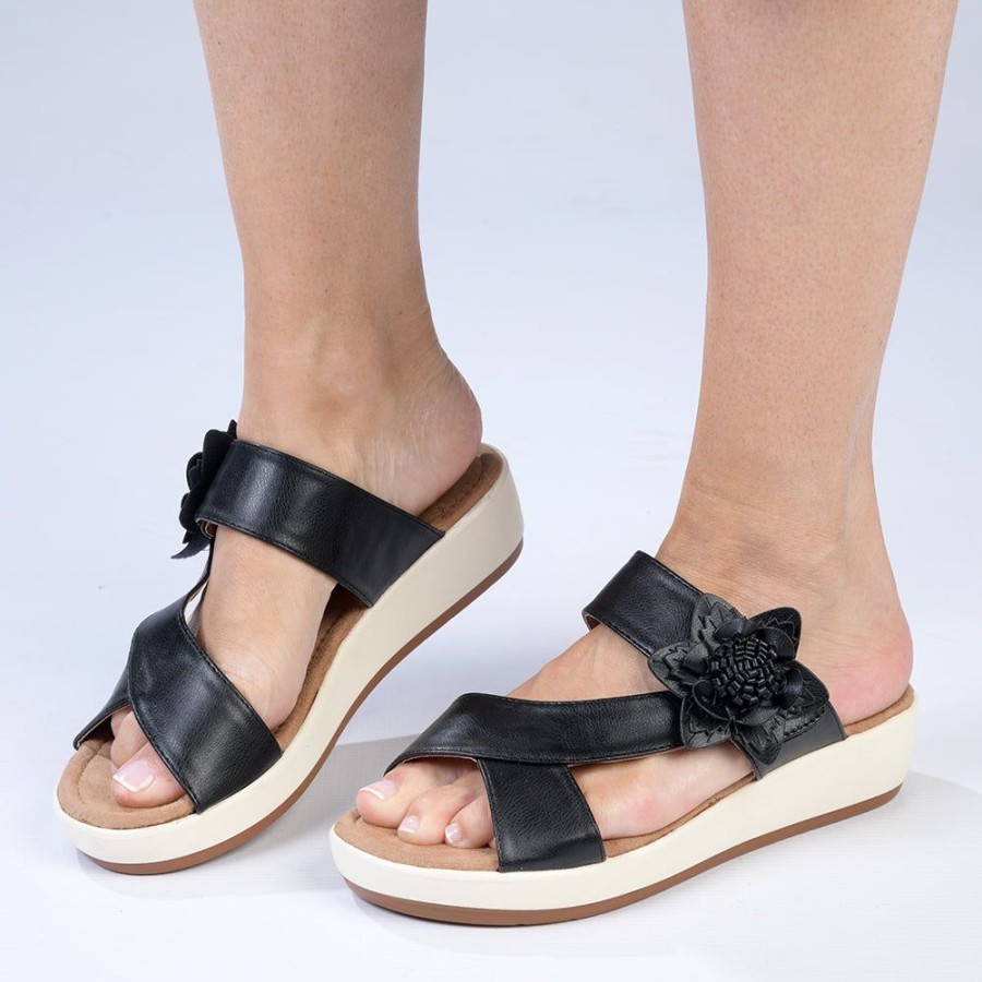 Wedges Pierre Cardin | Pierre Cardin Dory Slip On Flower Sandals Black