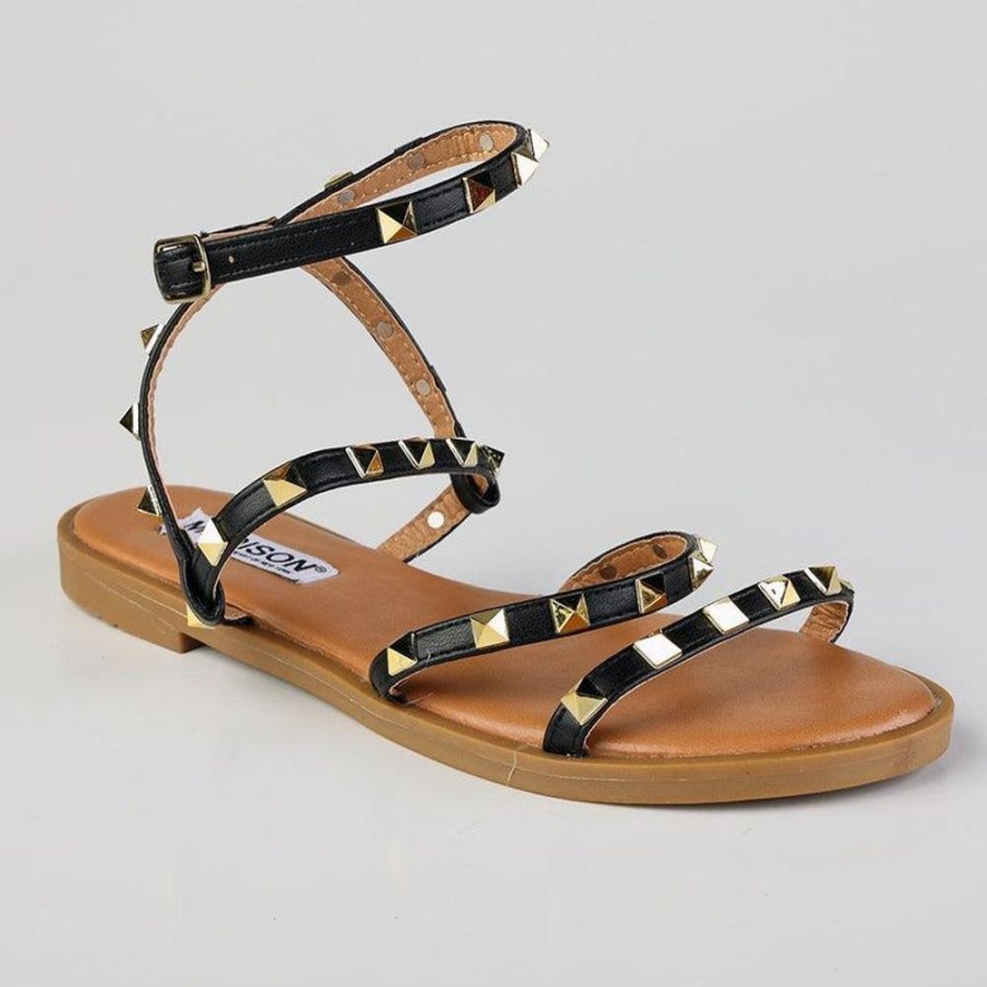 Slippers & Flats Madison Heart of New York | Madison Mariska Pyramid Studded Strappy Sandal Black