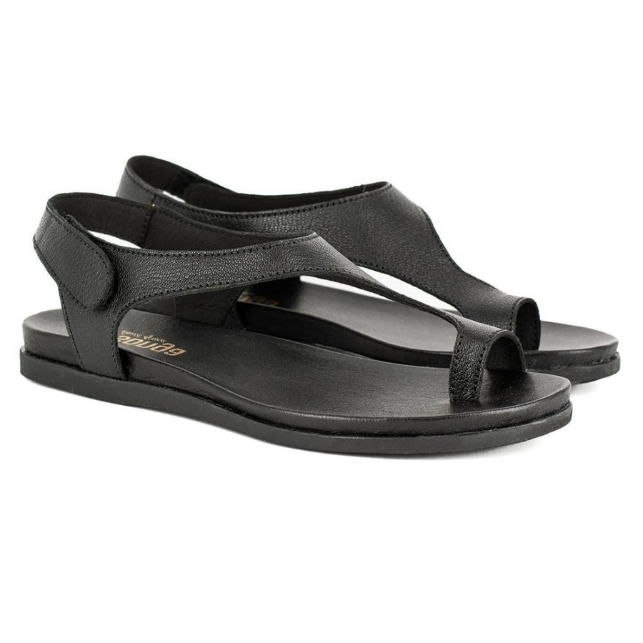 Slippers & Flats Tsonga | Tsonga Ukomosa Leather Toe Loop Velcro Back Strap Sandals Black