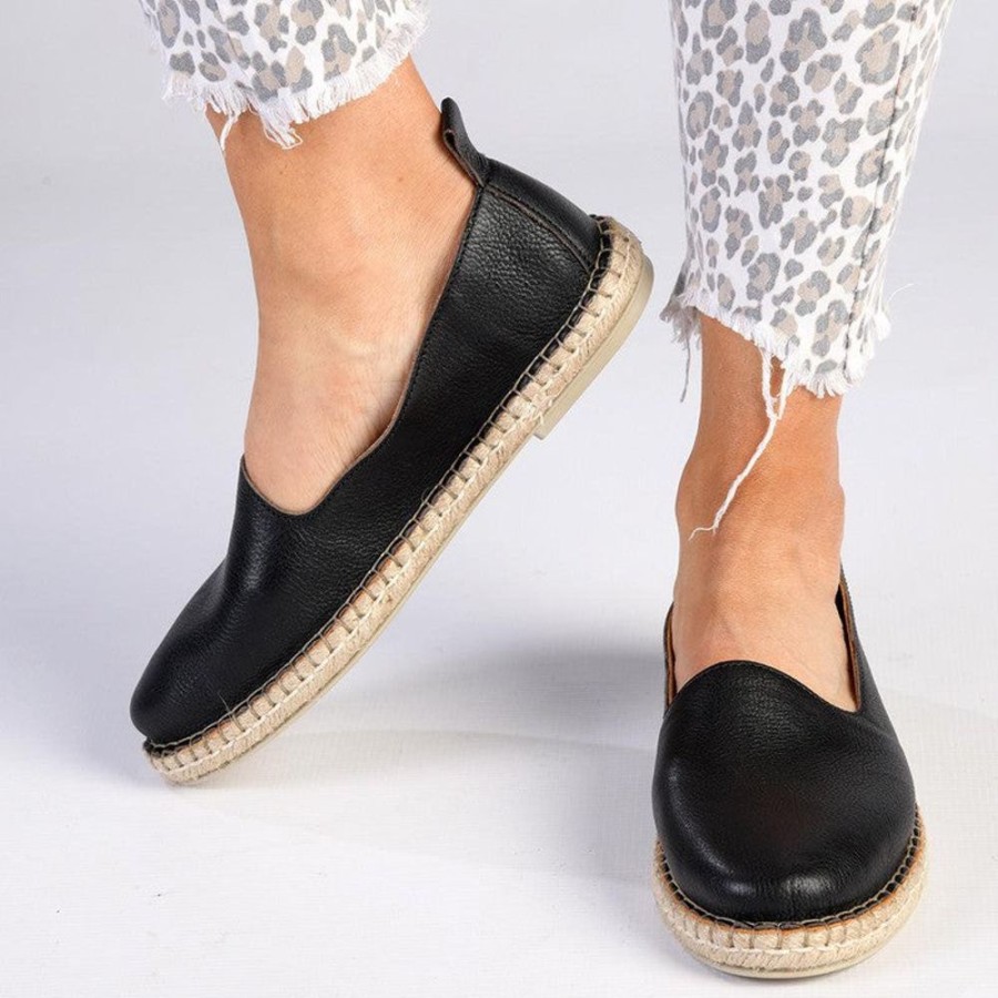 Slippers & Flats Tsonga | Tsonga Indzima Leather Espadrille Slip-On Black Vintage