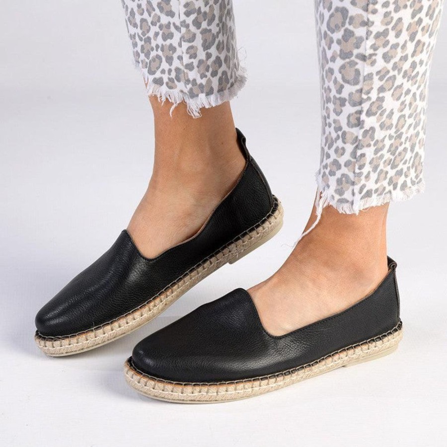 Slippers & Flats Tsonga | Tsonga Indzima Leather Espadrille Slip-On Black Vintage