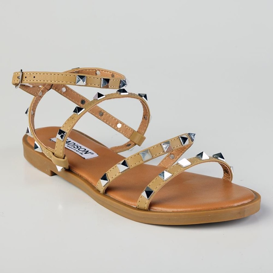 Slippers & Flats Madison Heart of New York | Madison Mariska Pyramid Studded Strappy Sandal Camel