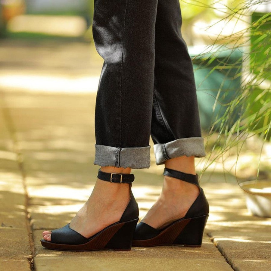 Wedges Froggie | Froggie Merissa Leather Peep Toe Wedge Black