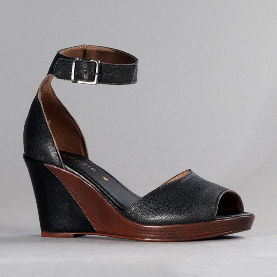 Wedges Froggie | Froggie Merissa Leather Peep Toe Wedge Black