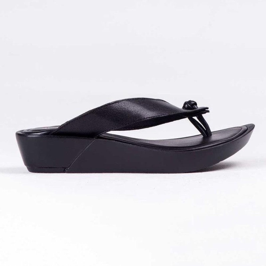 Wedges Froggie | Froggie Rox Leather Comfort Thong Sandal Black