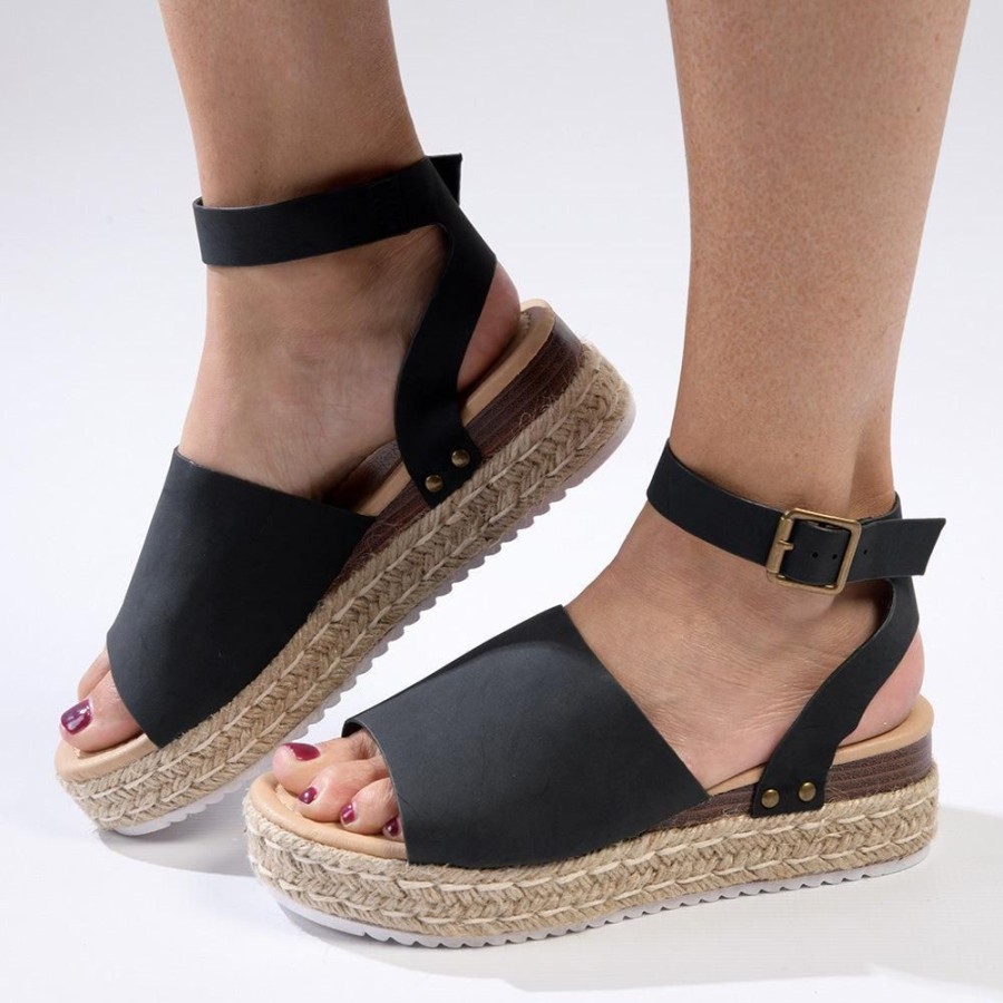 Espadrilles Madison Heart of New York | Madison Catherine Ankle Tie Espadrille Wedge Sandals Black