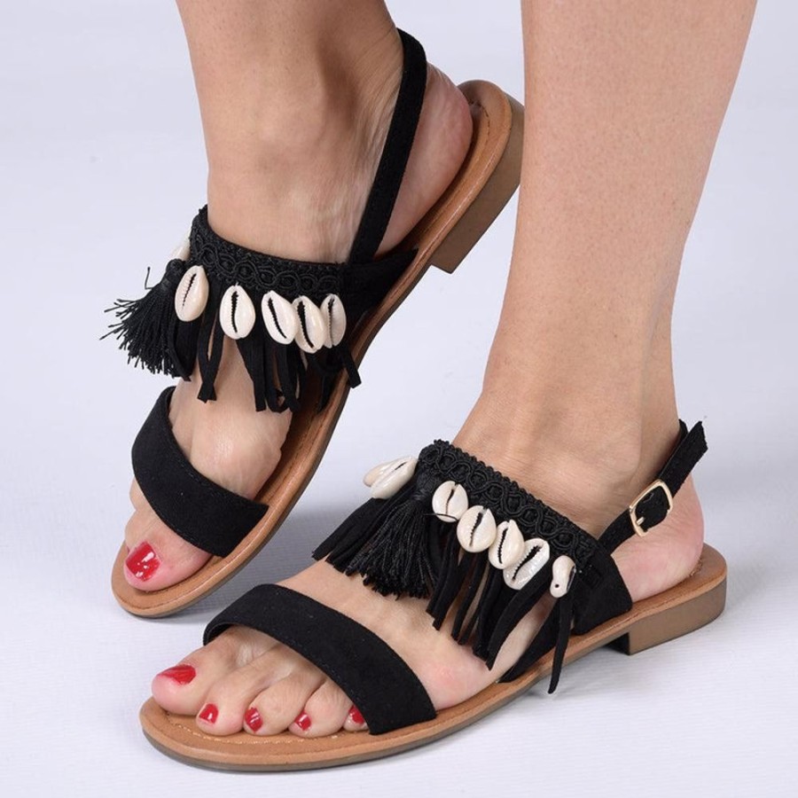 Sandals Madison Heart of New York | Madison Carter Fringe Sandals Black