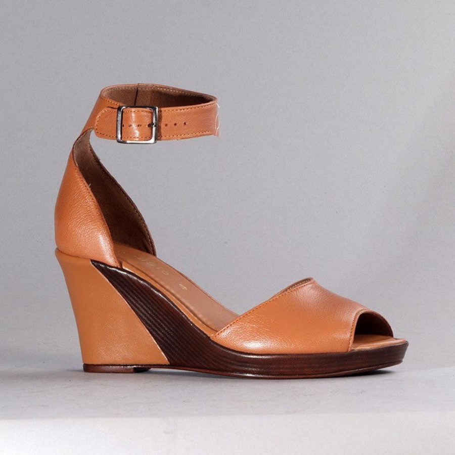 Wedges Froggie | Froggie Merissa Leather Peep Toe Wedge Tan