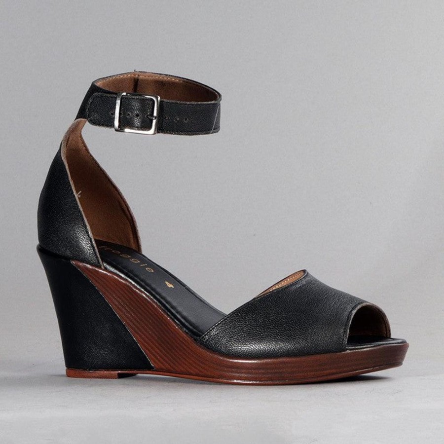 Sandals Froggie | Froggie Merissa Leather Peep Toe Wedge Black