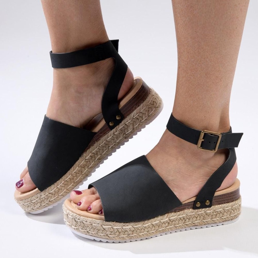 Sandals Madison Heart of New York | Madison Catherine Ankle Tie Espadrille Wedge Sandals Black