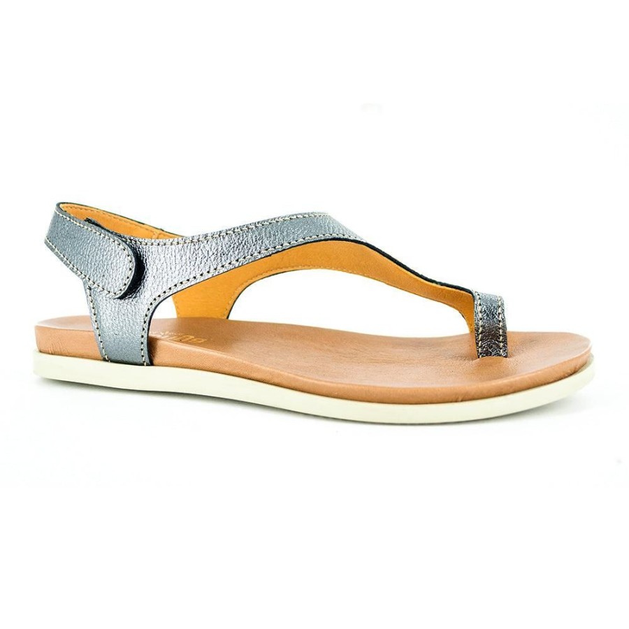 Slippers & Flats Tsonga | Tsonga Ukomosa Leather Toe Loop Velcro Back Strap Sandals Anthracite Metal Grain