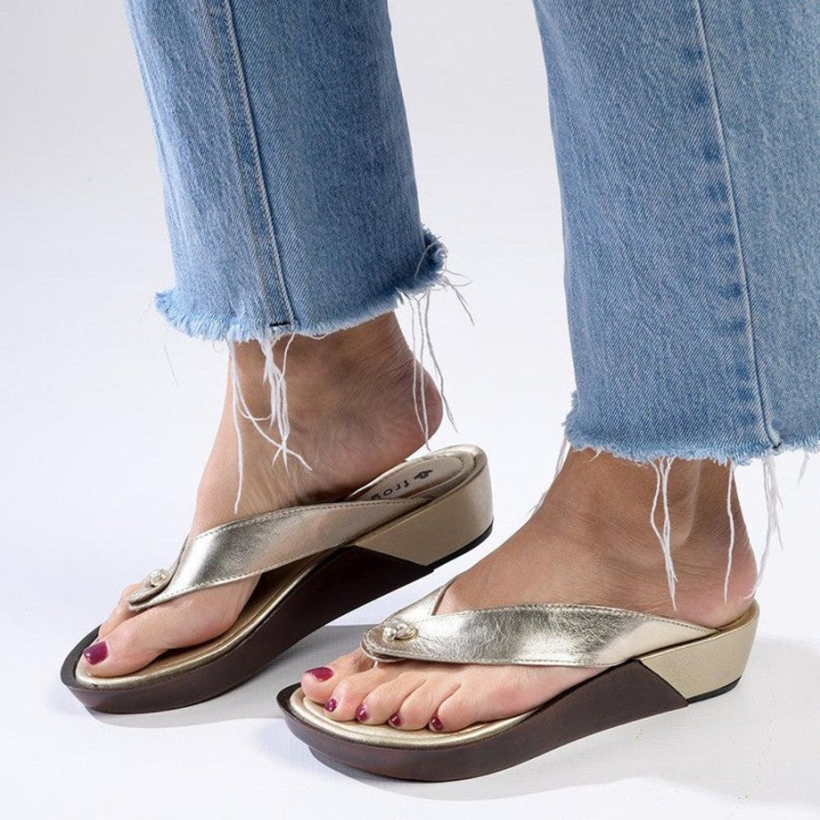 Wedges Froggie | Froggie Rox Leather Comfort Thong Sandal Gold