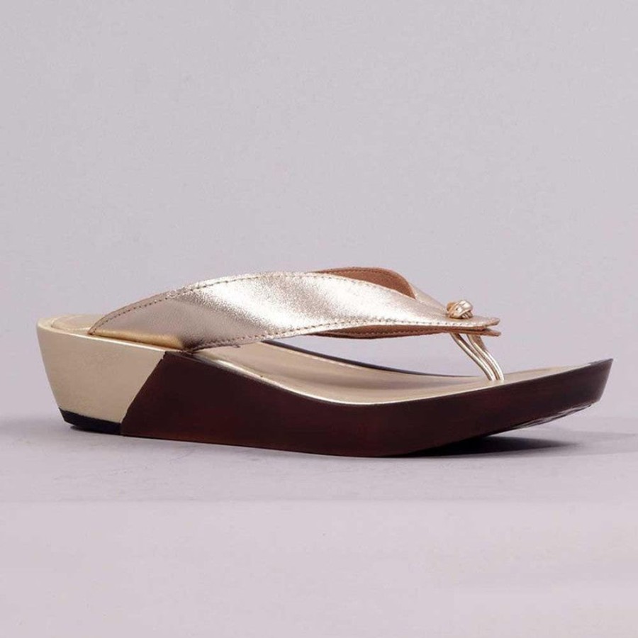 Wedges Froggie | Froggie Rox Leather Comfort Thong Sandal Gold