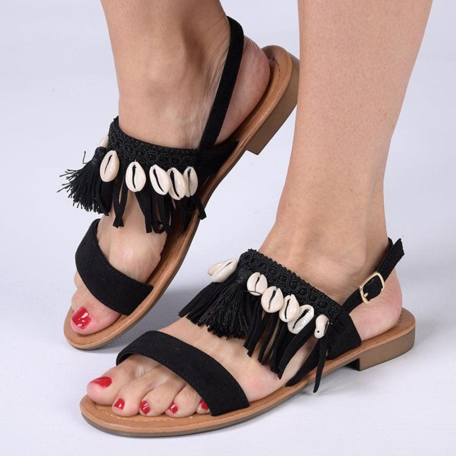 Slippers & Flats Madison Heart of New York | Madison Carter Fringe Sandals Black