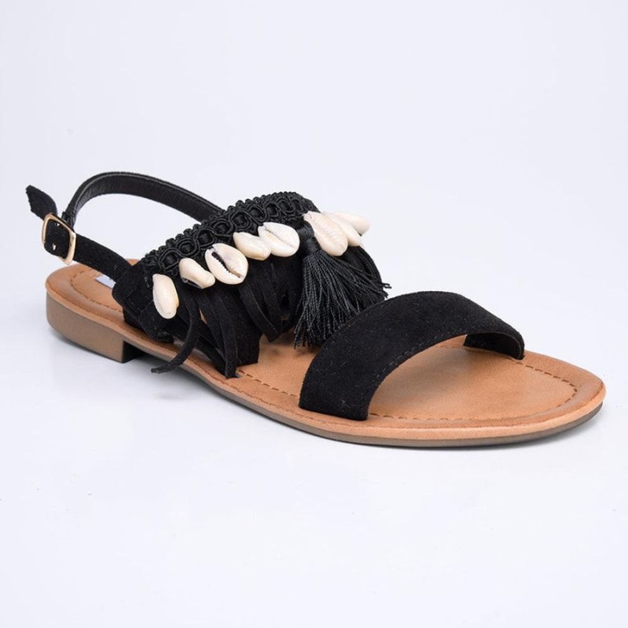 Slippers & Flats Madison Heart of New York | Madison Carter Fringe Sandals Black