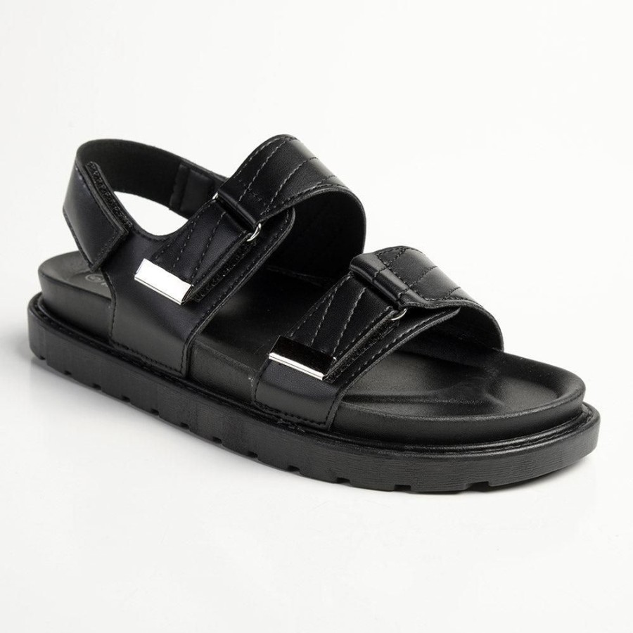 Slippers & Flats Madison Heart of New York | Madison Eloise Velcro Strap Footbed Sandals Black